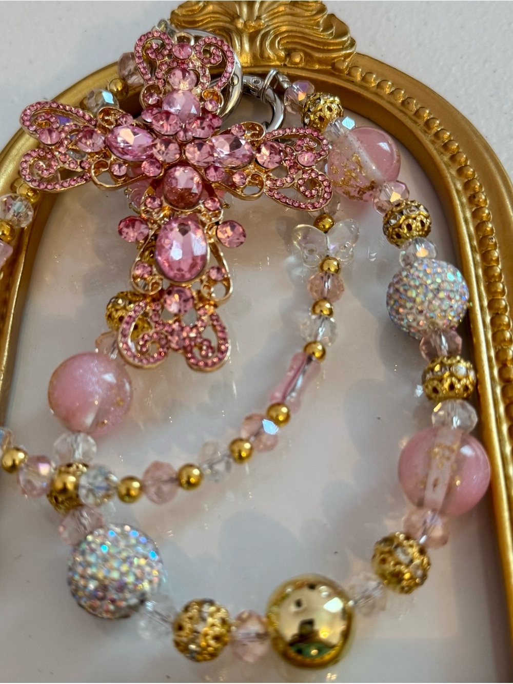 New Pink Crystal Beaded Cross Phone Chain